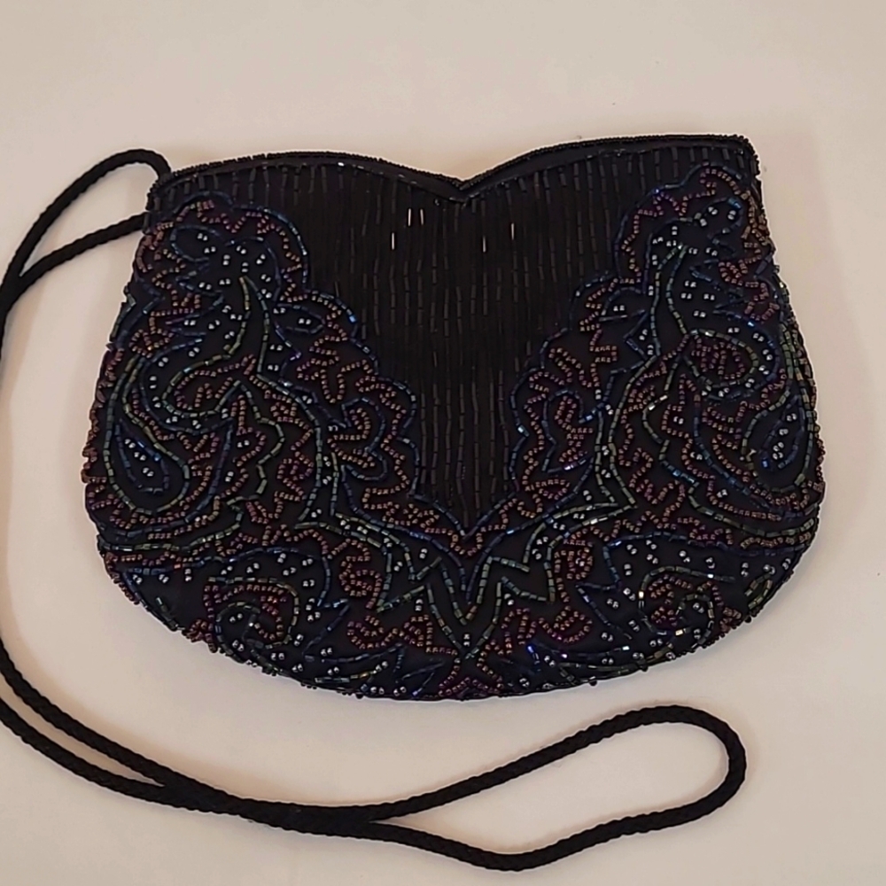 Carla Marchi Hand Beaded Vintage Purse Satin Lining Snap Closure Braided Strap